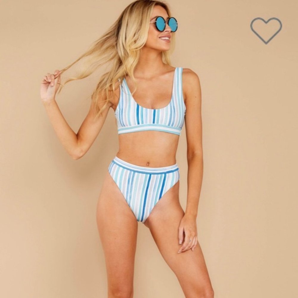 Palms Away blue striped swim high cut cheeky bottom size medium
